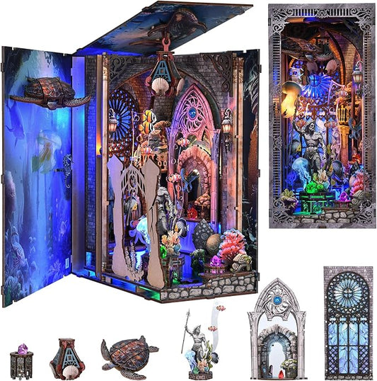 fifijoy Book Nook Kit - DIY Miniature House Dollhouse Kit for Adults and Teens, Booknook Tiny House Atlantis Bookshelf Decor 3D Wooden Puzzle with LED Light, Gifts for Family and Friends (Atlantis)