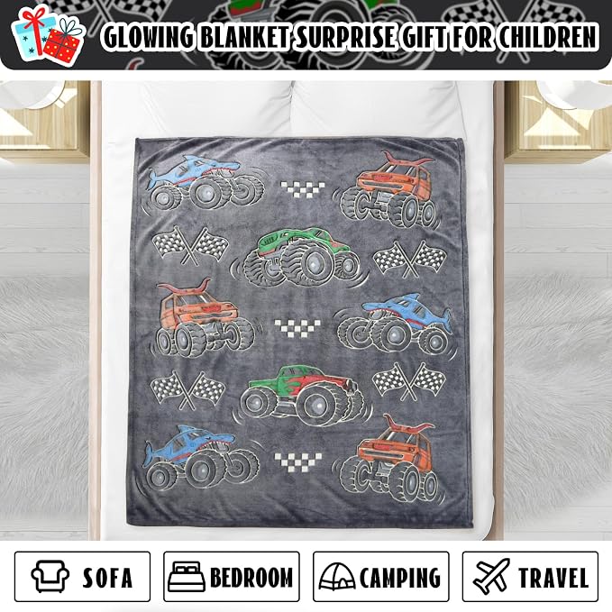 Glow in The Dark Blanket for Boys Truck Car Toys Unique Gifts for Kids Glowing Cartoon Tractor Throw Blanket Soft Fleece Blanket Excavators Room Bed Sofa Decor Blankets All Seasons 50"×60"