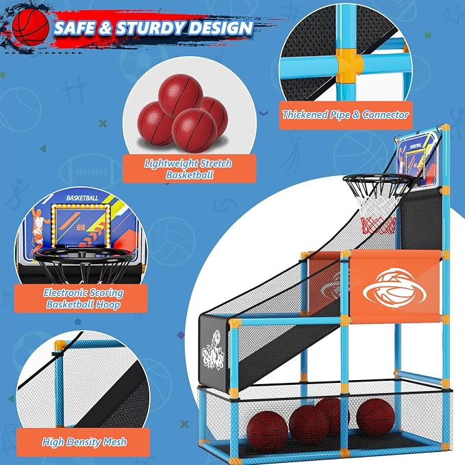 Handwell Arcade Basketball Game Set with Electronic Scoreboard&LED Light: Carnival Games Boy Toys Basketball Hoop Indoor Outdoor with 4 Balls & Air Pump Ideal Sports Toy Gifts for Kids 3-12 Years Old