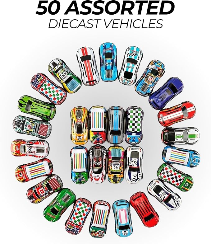 Liberty Imports 50-Pack Pull Back Cars for Kids, 1:64 Scale Mini Car Toys Bulk Metal Race Vehicles in Storage Bucket - Party Favors Goodie Bag Stuffers Classroom Prizes for Boys Girls Toddlers