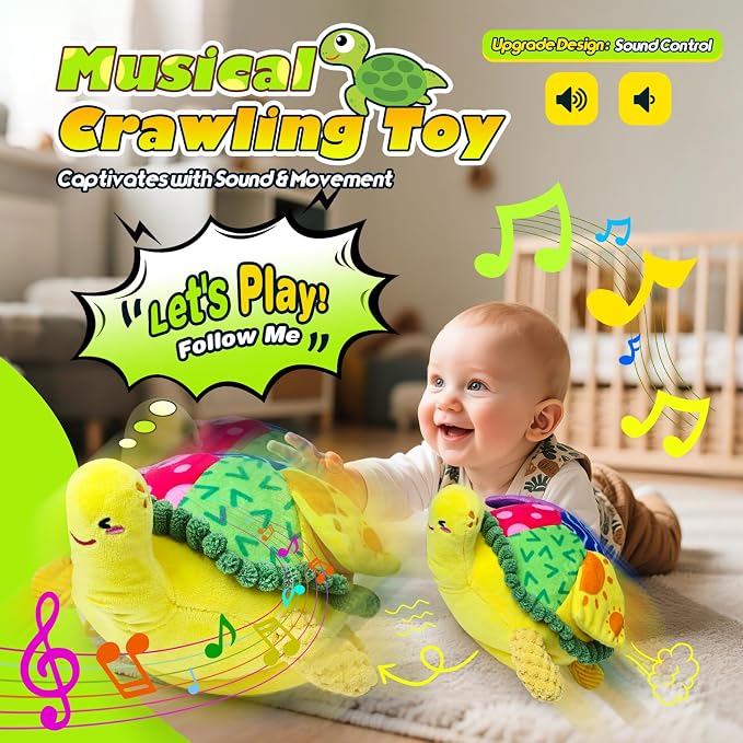 Esjay Baby Toys 6-12 18 Months, Crawling Musical Turtle Plush Tummy Time Toy, Dancing Bouncing Recording Walking Sensory Toys for 6 Month+ Old Infants, Gifts for 1 2 3 Year Old Boys Girls Toddlers