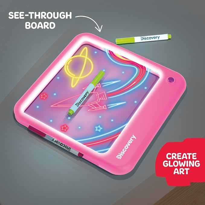 Discovery Neon Glow Drawing Board - LED Drawing Tablet for Kids| 8 Light Effects, 3 Washable Markers| Doodle Board Sketch Pad Art Kit| Built-in Storage & Display| Arts & Crafts Toy| Boys & Girls Gift