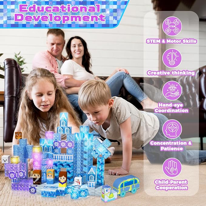 200 PCS Light Up Magnetic Blocks, Transparent Magnetic Building Block for Blue Snow Princess Castle, Frozen Magnet Cubes STEM Toys for Girls Age 3 4 5 6 7 8 9 10 11 12 13 Birthdays Gift for Kids