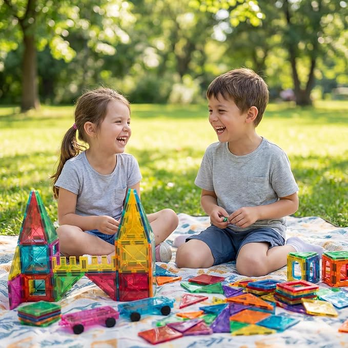 Bmag 100PCS Magnet Building Blocks with 2 Cars for Kids, Magnetic Tiles Stacking Building Set for Boys Girls, STEM Preschool Educational Learning Construction Toy
