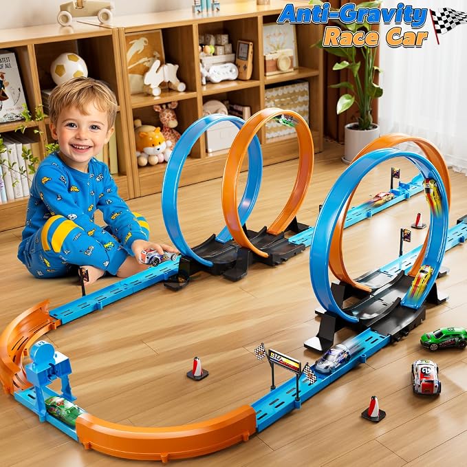 LILYBUDS Toy Car Track Gift Set for Boys Kids Age 3-5 4-7 8-12, Long Race Tracks with 4 Action Loops and 4 High-Speed Slot Die-Cast Race Cars, 35+ Pieces Race Tracks to Create Multiple Configurations