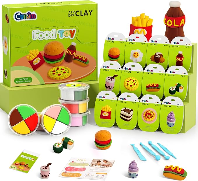 CyaJm Air Dry Clay Food Toy Kit - 12 Fast Food Themed Individual Clay Packs, Non-Toxic Ultra-Light Air Drying Modeling Clay with Tools & Guide, DIY Craft Gift for Kids Boys Girls Ages 3+
