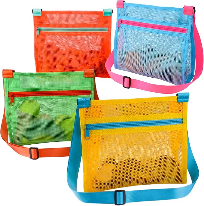 MUYIZI Mesh Beach Bag for Shells Collecting 4 Pack,Shell Bags for Beach,Sea Shell Bags for Picking Up Shells,Beach Shell Bag for Kids, Sand Toys,Beach Toys Swimming Accessories for Boys and Girls