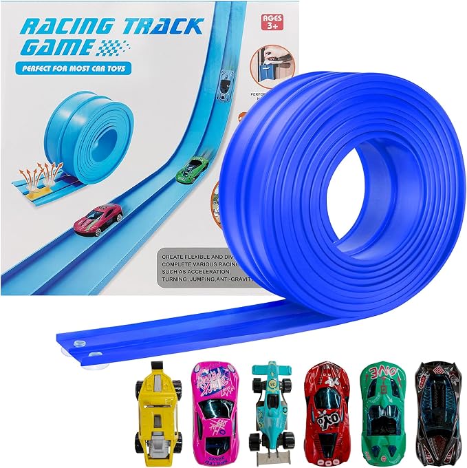 Flexible Race Track for Kids, 15FT Car Track with 4 Suction Cups and 6 Different 1/64th Cars - STEM Racing Toy for Boys & Girls Ages 3+ (Blue)