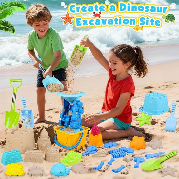 Beach Toys for Kids Toddlers, Sand Castle Toys with Bucket, Water Wheel, Long Shovel, Dinosaur Travel Sand Toys for Beach & Mesh Bag, Sandbox Essentials Toy for Toddlers Kids Baby Boys Girls Age 3-10