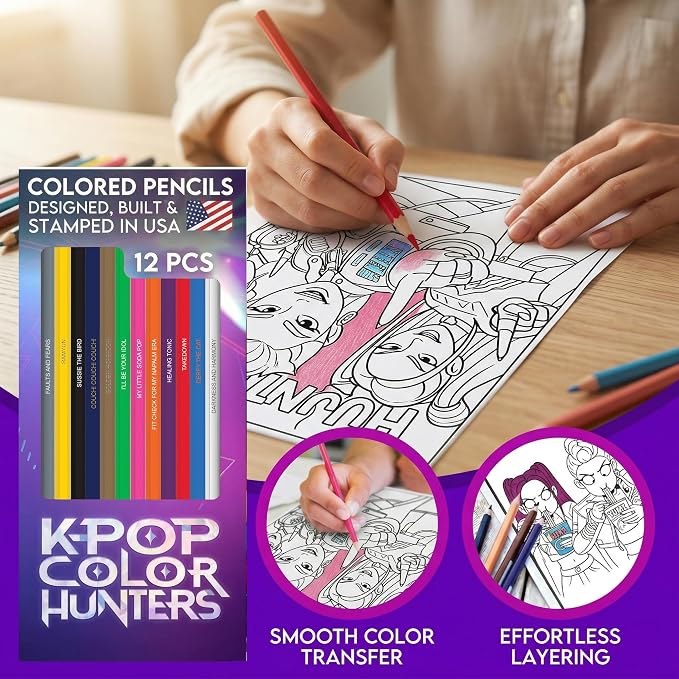 KPop Color Hunters Colored Pencil Set - 12 KPop Demon Hunters Merch Pencils with Clever Foil-Stamped Names, Soft Core Pencils for Coloring Books, Drawing, Ideal Gift for KPop Demon Hunters Fans