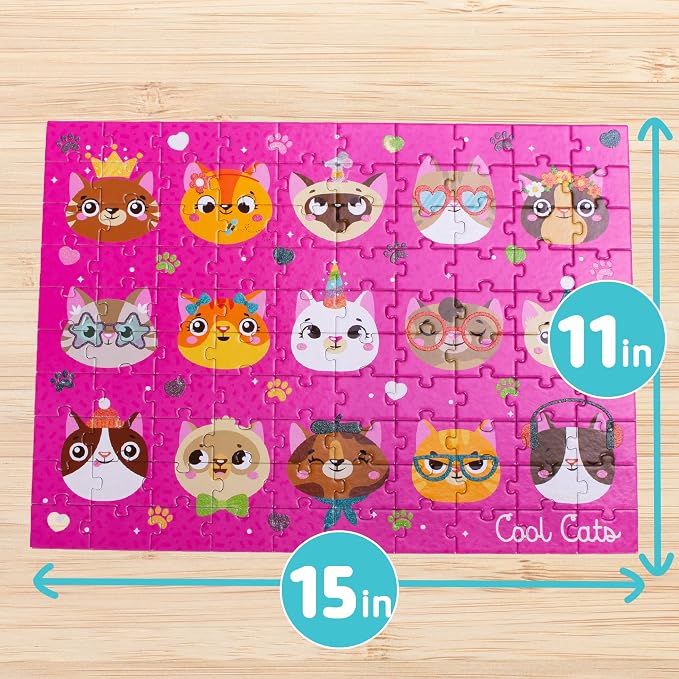 Chuckle & Roar - Cool Cats Glitter 100 Piece Jigsaw Puzzle for Kids Ages 6+ - Educational Puzzle with Glitter Accents - Fine Motor Skills and Screen Free Fun - Giftable Kids Puzzle 11 x 15 Inches