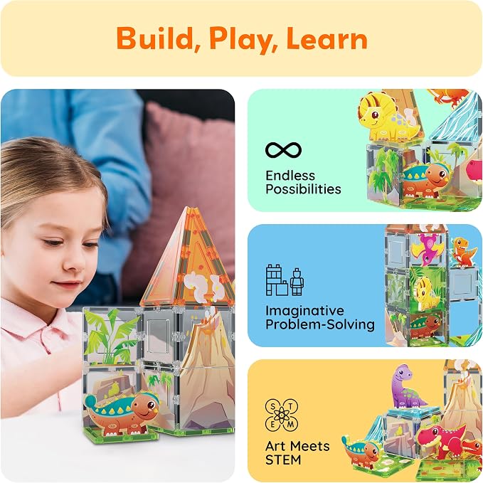 PicassoTiles Dinosaur Toys Magnet Tiles Building Blocks 8 Magnetized Action Figures Compatible Magnetic Construction Build and Play Tile Accessory Toy STEAM Educational Learning Toys Kids Ages 3+