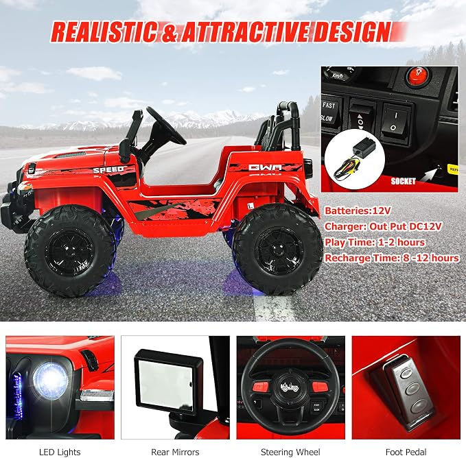 INFANS Kids Ride on Car Truck with 2.4G Remote Control, 12V Battery Powered Electric Cars for Kids w/3 Speeds, Battery Display, LED Lights, Safety Belt, Music & Horn, Bluetooth/FM/USB (Red)