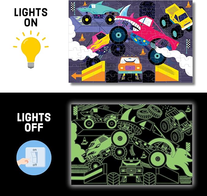 Mudpuppy Monster Trucks – 100 Piece Glow in The Dark Jigsaw Puzzle with an Exciting Scene of Trucks and Cars Racing and Hidden Speedy Details in The Dark