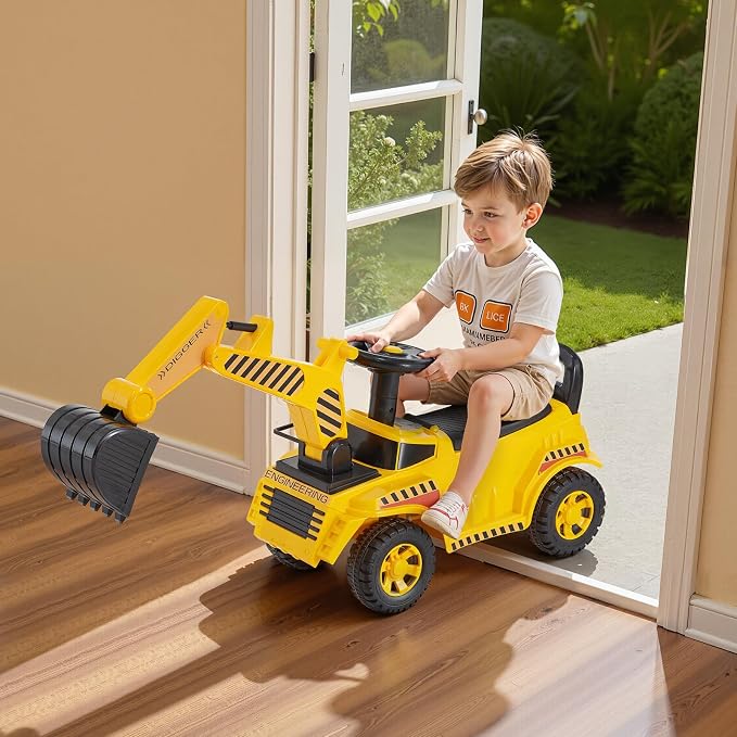 VEVOR Ride On Toddler Car, Push Car for Toddler 19 to 36 Months, Excavator Digger Toy with Helmet & Music, 55 lbs Load Capacity, Foot-to-Floor Walker for Kids, Yellow