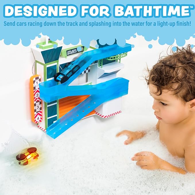 Tub Works® Splash Wheels™ Bathtime Raceway Car Ramp Toddler Bath Toy | Race Car Track with 2 Water-Activated Light-Up Racers | Light Up Bath Toys Flash & Change Colors | Engaging Bathtub Toys for Kids