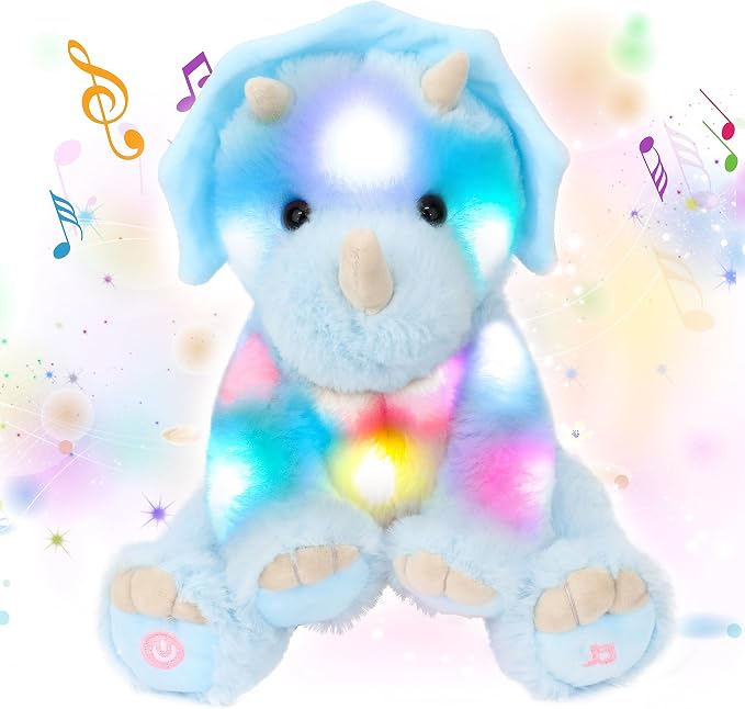 Light-up Singing Plush Blue Triceratops LED Musical Stuffed Animal Dinosaur Adjustable Volume Lullaby Plushies Birthday Christmas Toy Gifts for Kids Toddler Girls, 13"