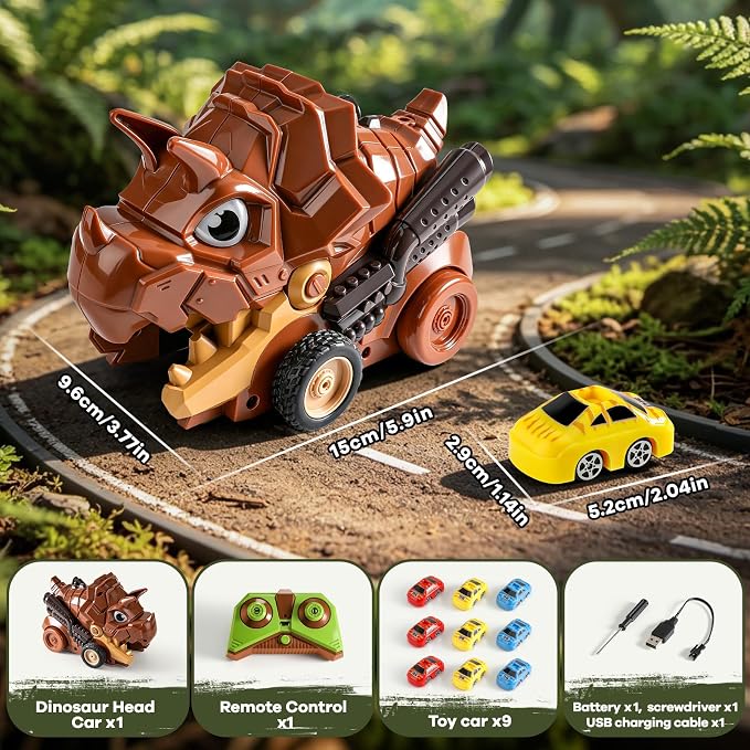 Remote Control Dinosaur Truck Toy Eat Cars for Kids 3-7 | RC Triceratops, 9 Mini Magnetic Cars, 2 Speed, 2.4G Rechargeable, Birthday Holiday Gift for Dino & RC Cars Lover