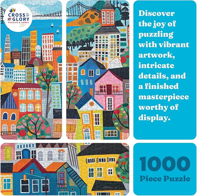 Cross & Glory - Bay Breeze & Bright Lights - 1000 Piece Jigsaw Puzzle for Adults | Vibrant San Francisco Folk Art Puzzle | Unique Puzzle Challenge for Art Lovers