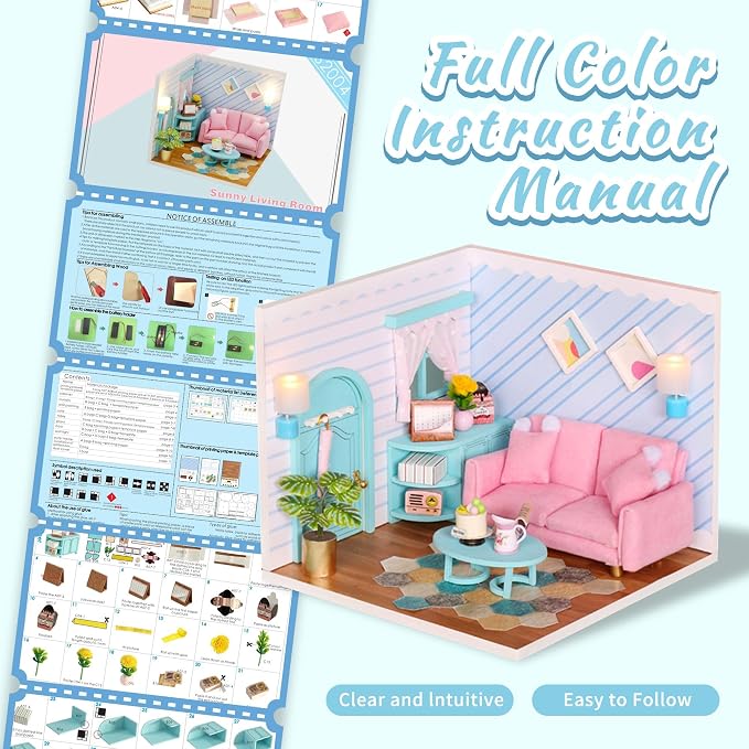 Kisoy Dollhouse Miniature with Furniture Kit, DIY 3D Wooden DIY House Kit A Corner of a Small Apartment Style with Dust Cover & LED, Handmade Tiny House Toys for Adults and Teens Gift（Living Room）