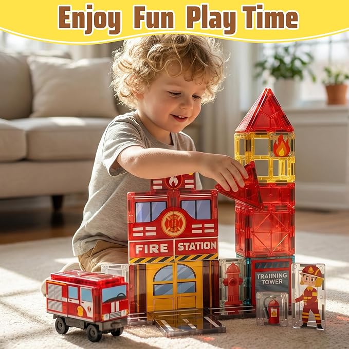 Fire Station Magnetic Tiles for Kids, Building Toys for Kids Ages 4-8 with Fire Truck, Firemen, Road Magnet Tiles STEM Magnetic Blocks for Kids Ages 4-8, Building Toys for 3+ Year Old Boys Gifts