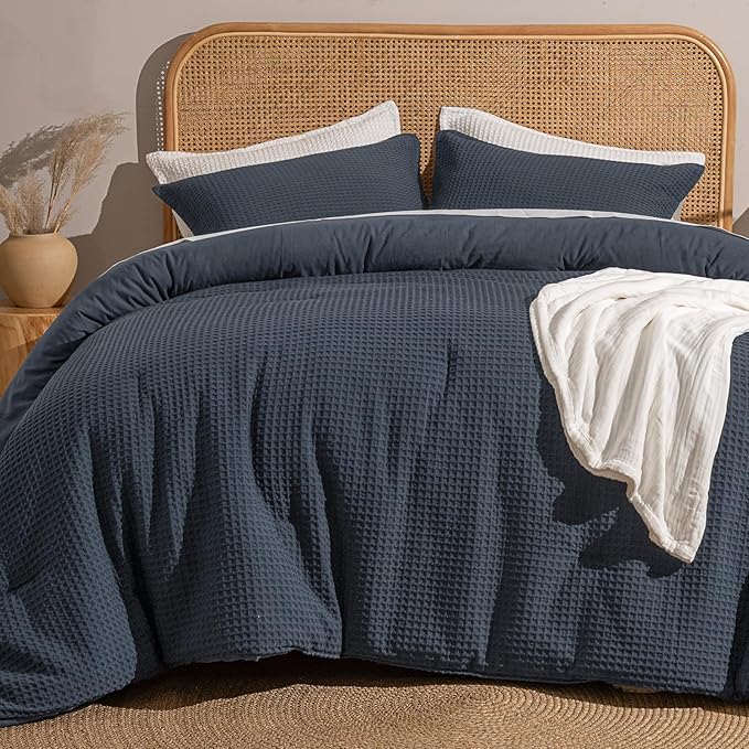 David's Home Waffle Weave Comforter Set 3PCS Queen Size, Soft Breathable Lightweight Cozy Skin-Friendly Warm for All Season, Elegant Aesthetic Home Decor Bedding Set with Pillow Shams, Indigo