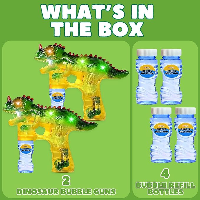 Haktoys Dinosaur Bubble Gun for Kids Automatic Bubble Machine Toy, Outdoor Bubble Maker Blower for Toddlers Boys Girls Backyard Play, 2 Pack