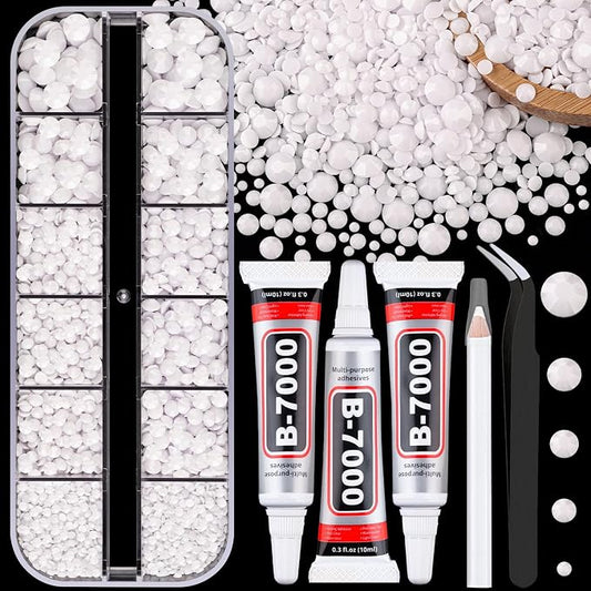 Resin Jelly Rhinestones for Crafting with B7000 Jewelry Glue, 1 Box White Flatback Crystal with 3Pcs 10ml Glue, Bedazzling Non Hotfix Gems for DIY Tumblers Clothing Shoes Manicure