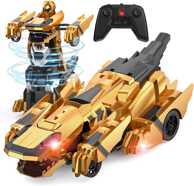 Kroyedfuw Dinosaur Transform Rc Cars, 2.4Ghz Remote Control Car Transforming Robot with Flashing Light, 360° Rotation One Button Deformation Car Toy Gifts for Boys Age 4-7 8-12