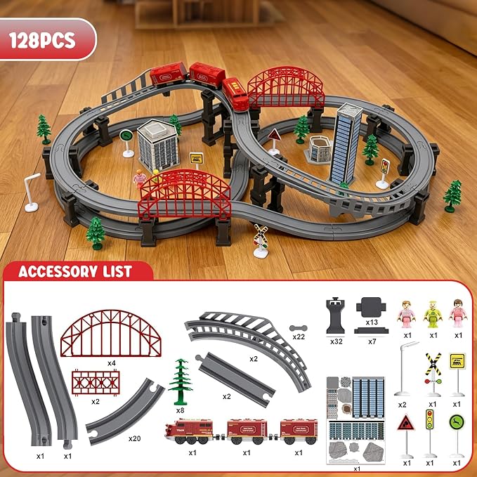 Wdmiya Train Sets for Toddlers, 128 Pcs Trains Toy with Battery Operated & Tracks (Magnetic Connection), Compatible with Thomas, Brio, Christmas Toy Gifts for 3 4 5 6 7 8 Years Old (Forest)