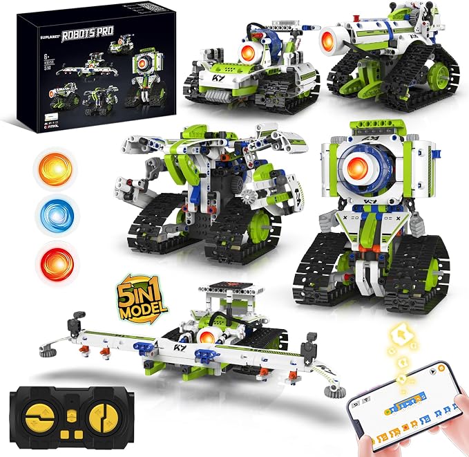 5-in-1 STEM Programmable Robotics Kit with Remote and App Control & Three-Color Changing LED Lights - Educational Building Toys for Kids Ages 8-12, Ideal Birthday, (337 PCS)