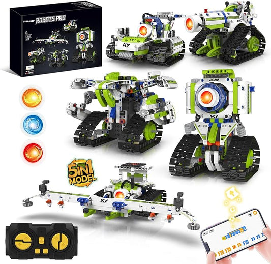 5-in-1 STEM Programmable Robotics Kit with Remote and App Control & Three-Color Changing LED Lights - Educational Building Toys for Kids Ages 8-12, Ideal Birthday, (337 PCS)