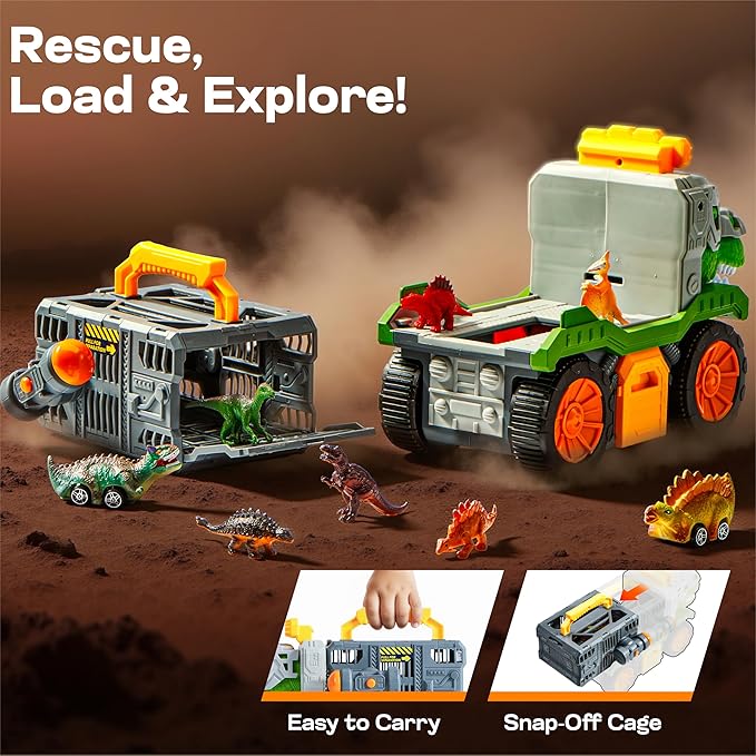 Vroomix JOVA Dinosaur Toys for Kids 3-5, Dinosaur Carrier Truck with 2 Pcs Cars and 6 Pcs Figures for Toddlers, T.Rex Truck with Launcher and Darts, Birthday Gifts Toys for 3 4 5+ Year Old Boy