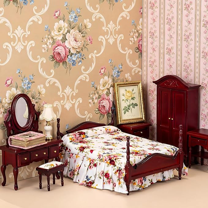 Skylety 7 Pcs Victorian Dollhouse Furniture Set 1: 12 Scale Wooden Mini House Bedroom Furniture and Accessories, Bed Dressing Table Wardrobe Carpet for Adults Toy Gift Miniature Doll House Accessories