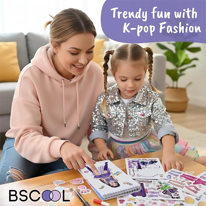 BSCOOL Sticker Dress up K-Pop - Sticker Activity Book for Kids, Learn Girls Fashion Design with Stickers and Guides for Kids 5 and Up, K-Pop Singer Performance, Gift for Girls