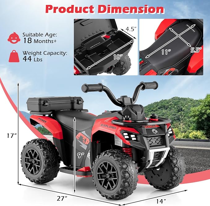 OLAKIDS Kids ATV with Spray Function, Remote Control, Storage Trunk, 6V Toddler Ride on Toy, Red