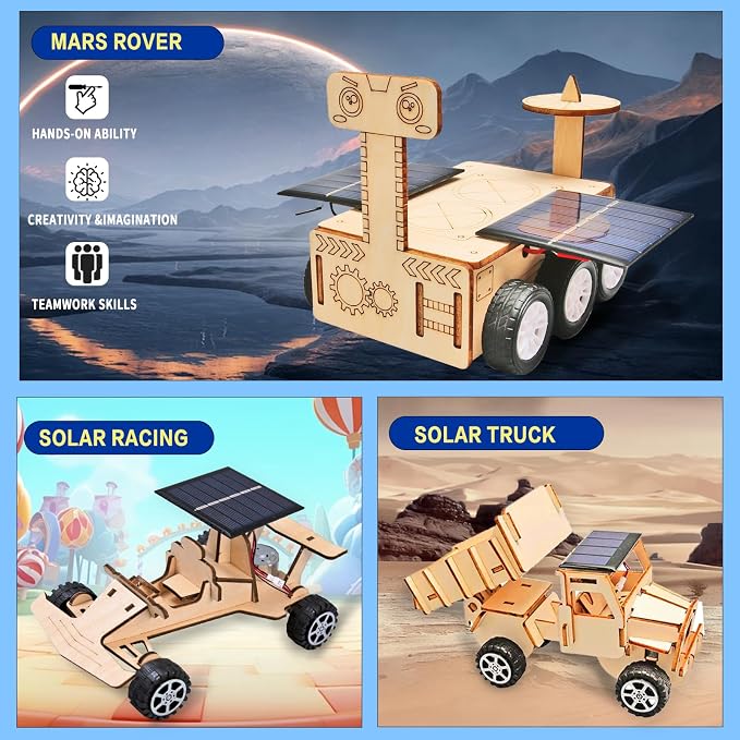 6-in-1 Solar STEM Building Kit, Wooden DIY Construction Set with Satellite, Helicopter, Cars, Educational Science Toy for Kids Ages 6-14 Years (20)