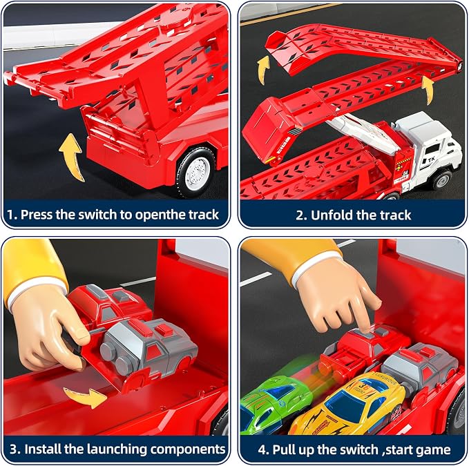 Transport Truck Toys for 3 4 5 6 7 Years Old Boys,Toys Cars Track Set Transporter Trucks with 12 Die-Cast Car Toys 2 Race catapults Dual-Track Model,Toddler Car Toy Set for Kids Boys Girls