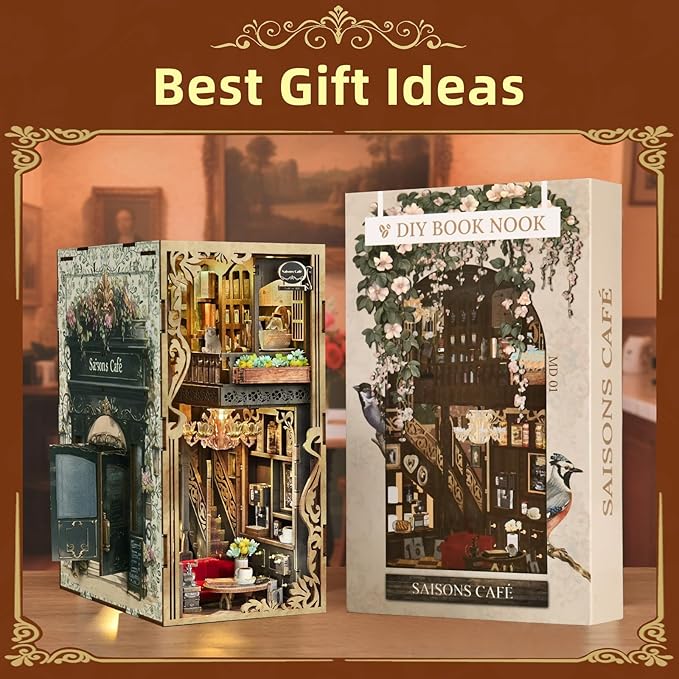 MiniCity Book Nook Kit, DIY Doll House Booknook, Miniature Kit for Bookshelf Doll Houses for Adults Teen Halloween, 3D Wooden Puzzle Bookends with Led Light and Dust Cover (Saisons Café)