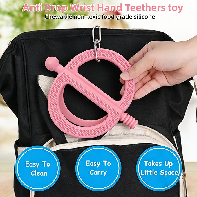 3 Pack Baby Teething Toys, Anti Dropping Wrist Hand Teethers & Easy-Grip Teether Ring, Food-Grade Silicone for Teething Relief, Newborn Essentials Chew Toys 0-12 Months（Blue&Pink&Green）