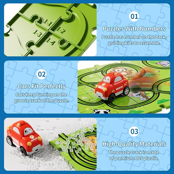 32-Piece Puzzle Race Car Track Set for Toddlers 1-3 | Animal-Themed Tracks, Cars & Road Signs | Puzzle Car Tracks Toddler Toy Gifts for 2 3 4 5 6 Year Old Boys & Girls