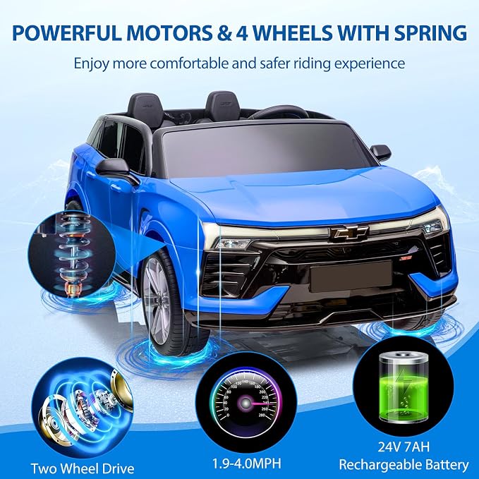 2-Seater 24V Electric Car for Big Kids, Licensed Blazer Chevrolet Ride on Car w/Parent Remote Control, Music, Headlights & Spring Suspension, Battery Powered Ride-on Toy for Kids Ages 3-8, Blue