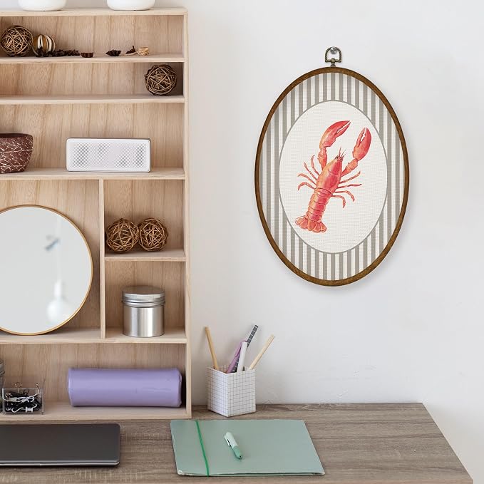 WULQYING Coastal Beach Red Lobster Wall Art Decor, Beach Nursery Oval Framed Canvas Art Prints, Neutral Striped Ocean Crawfish Wall Hanging Decor for Home Bedroom Kids Nursery Room, 8.6x11.4 Inches