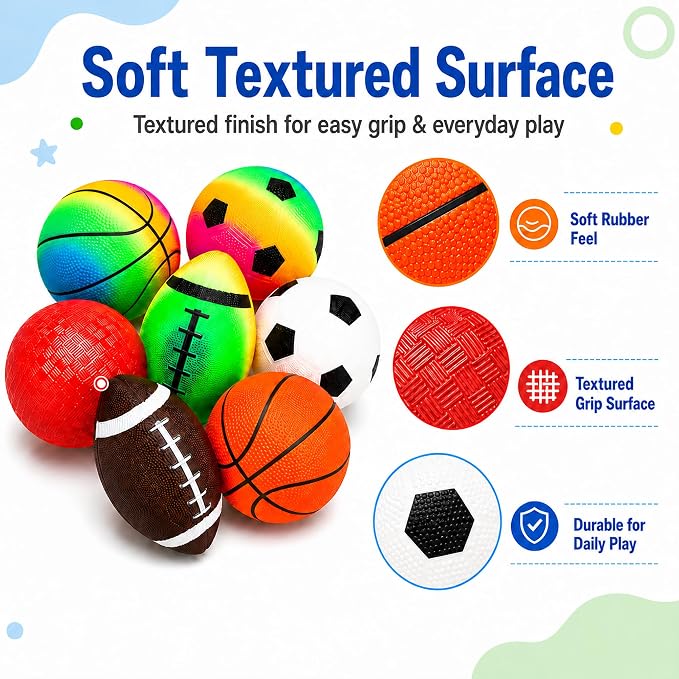 Soft Balls for Toddlers Kids 1-3 3-5, Easy to Grip 5" Small Balls 7 Pack, Mini Football Soccer Basketball Playgroundball - First Birthday Gift Baby Toys for Boys Girls