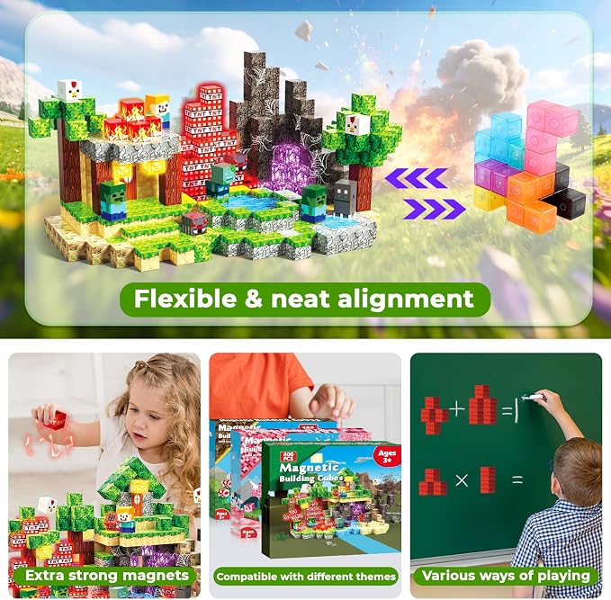 400 PCS Magnetic Blocks with Light Up Blocks - Magnetic Building Blocks, Magnetic Construction Cube Toys, STEM Sensory Learning Toys, Easter Christmas Birthday Gifts for Toddlers Boys and Girls Age 3+