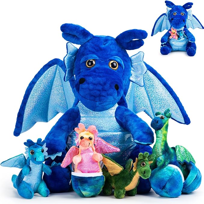 Arrowbash 7 Pcs Dragon Family Plush Toys Gift Set 15.75'' Large Mommy Dragon Stuffed Animal with 4 Baby Dragons and 2 Eggs Soft Glitter Blue Plush Get Well Gift for Birthday Christmas Holiday Playtime