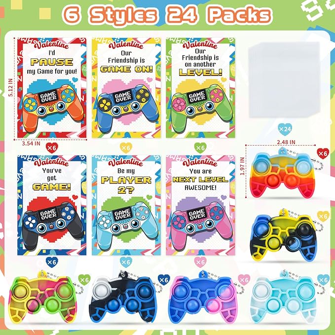 NEUBSAW 24 Packs Valentine's Day Cards with Pop Games Keychains Toy for Classroom Exchange, Valentine's Gifts Party Favors for Boys Girls School, Valentine's Prizes for School