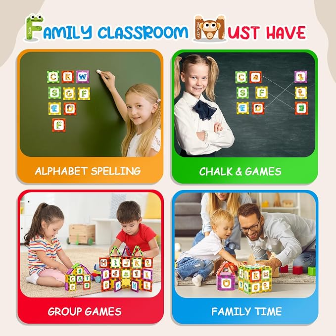 Magnetic Tiles Letters Learning Toys, Animals Alphabet ABC Magnets for Kids 1-3 2-4 3-5, Toddlers Classroom Must Haves Construction Stacking Toys, Teacher Educational Supplies for Preschool Spelling