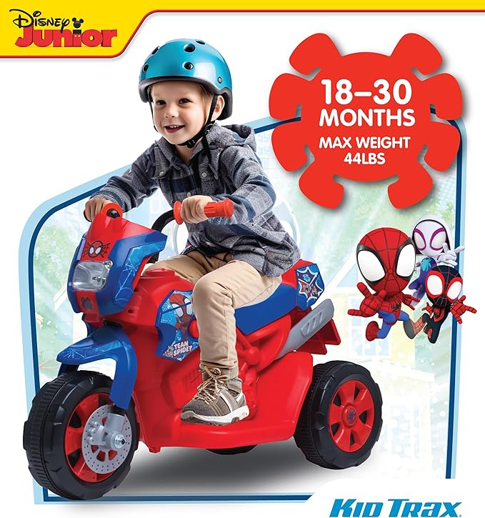 Kid Trax 6V Marvel Spiderman Disney Junior Toddler Bike - Ride On Toys, Kids Bike, Outdoor Toys, Tricycle, Bikes, Marvel Toys, Trike, Max Speed 1.5mph, 18-36 Months, Max Weight of 44Lbs, Red & Blue