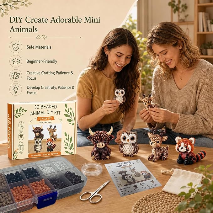 Temiaode 3D Beaded Animal Kit, 4 Pack DIY Bead Craft Set for Adults, Highland Cow Owl Red Panda Deer Beading Kit with Instructions, Creative Hobby Craft Gift for Animal Lovers